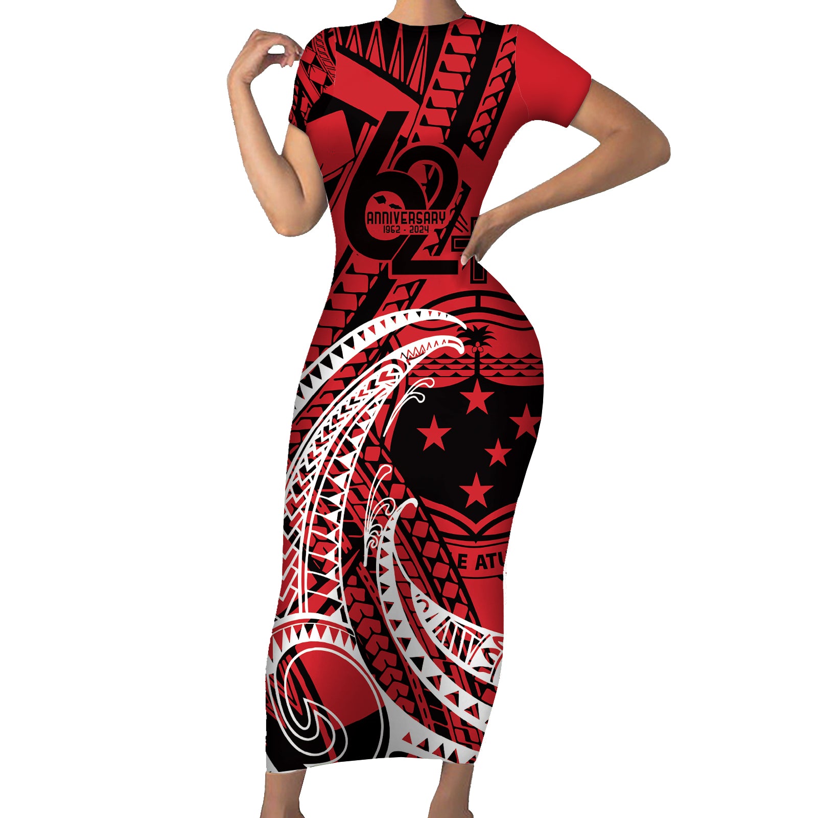 Custom Samoa Manuia le 62 Tausaga O le Tuto’atasi Short Sleeve Bodycon Dress Samoan Tatau Red Art