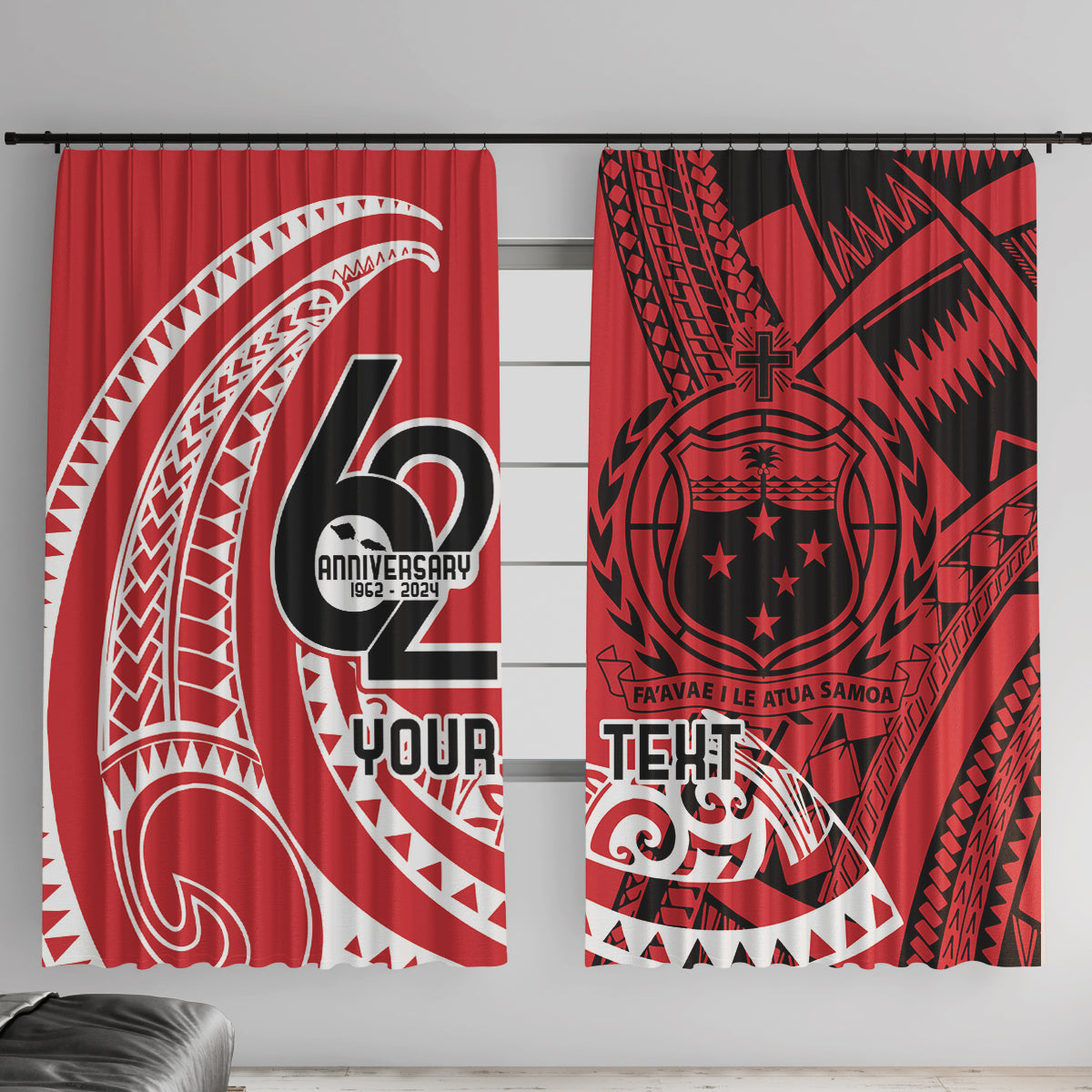 Custom Samoa Manuia le 62 Tausaga O le Tuto’atasi Window Curtain Samoan Tatau Red Art