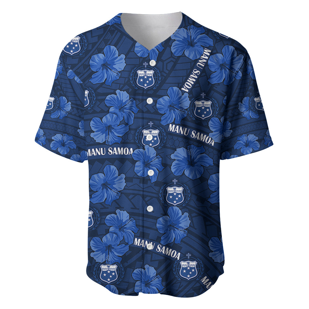 Manu Samoa Rugby Baseball Jersey Polynesian Style With Hibiscus LT9 Blue - Polynesian Pride