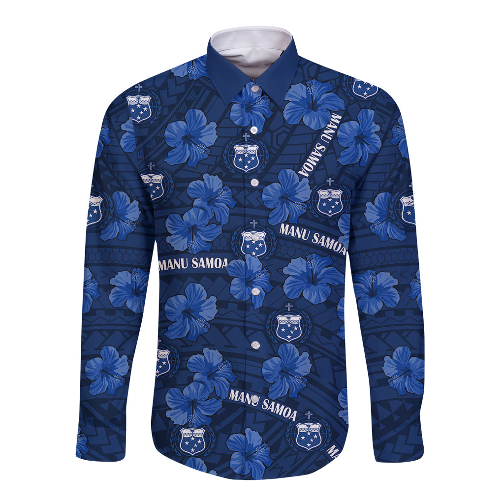 Manu Samoa Rugby Long Sleeve Button Shirt Polynesian Style With Hibiscus LT9 Unisex Blue - Polynesian Pride