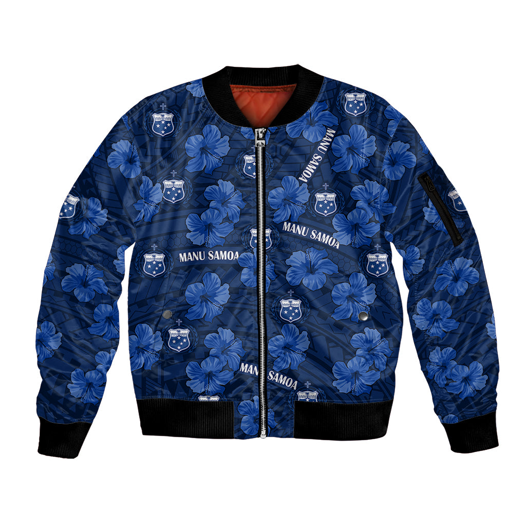 Manu Samoa Rugby Sleeve Zip Bomber Jacket Polynesian Style With Hibiscus LT9 Unisex Blue - Polynesian Pride