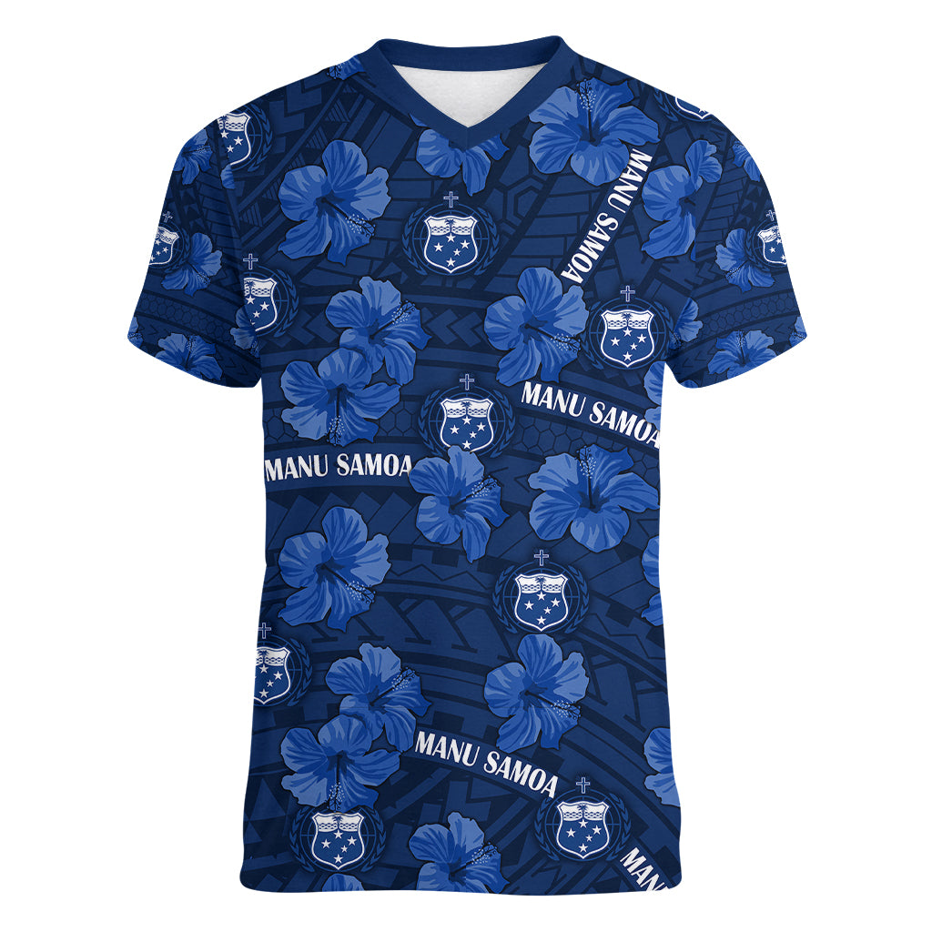 Manu Samoa Rugby Women V Neck T Shirt Polynesian Style With Hibiscus LT9 Female Blue - Polynesian Pride