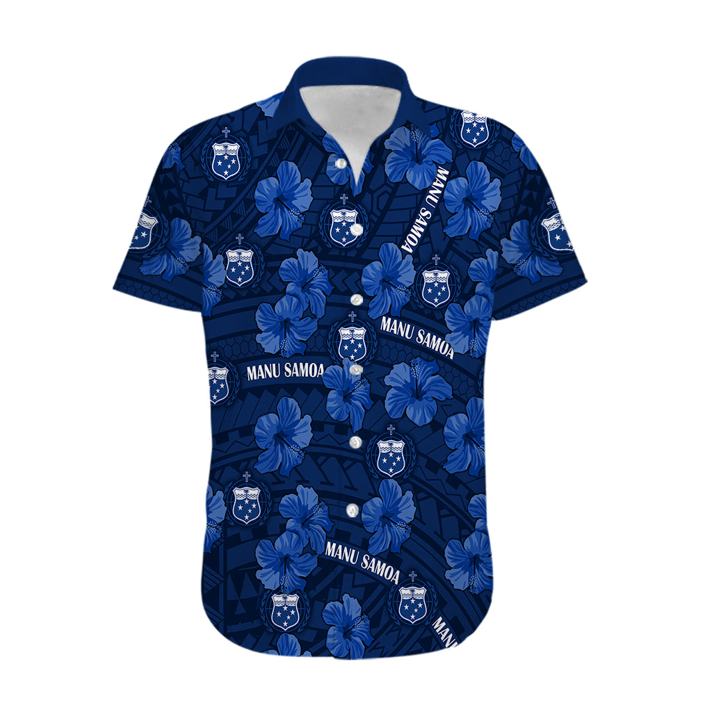 (Custom Text And Number) Manu Samoa Rugby Hawaiian Shirt Polynesian Style With Hibiscus LT9 Blue - Polynesian Pride