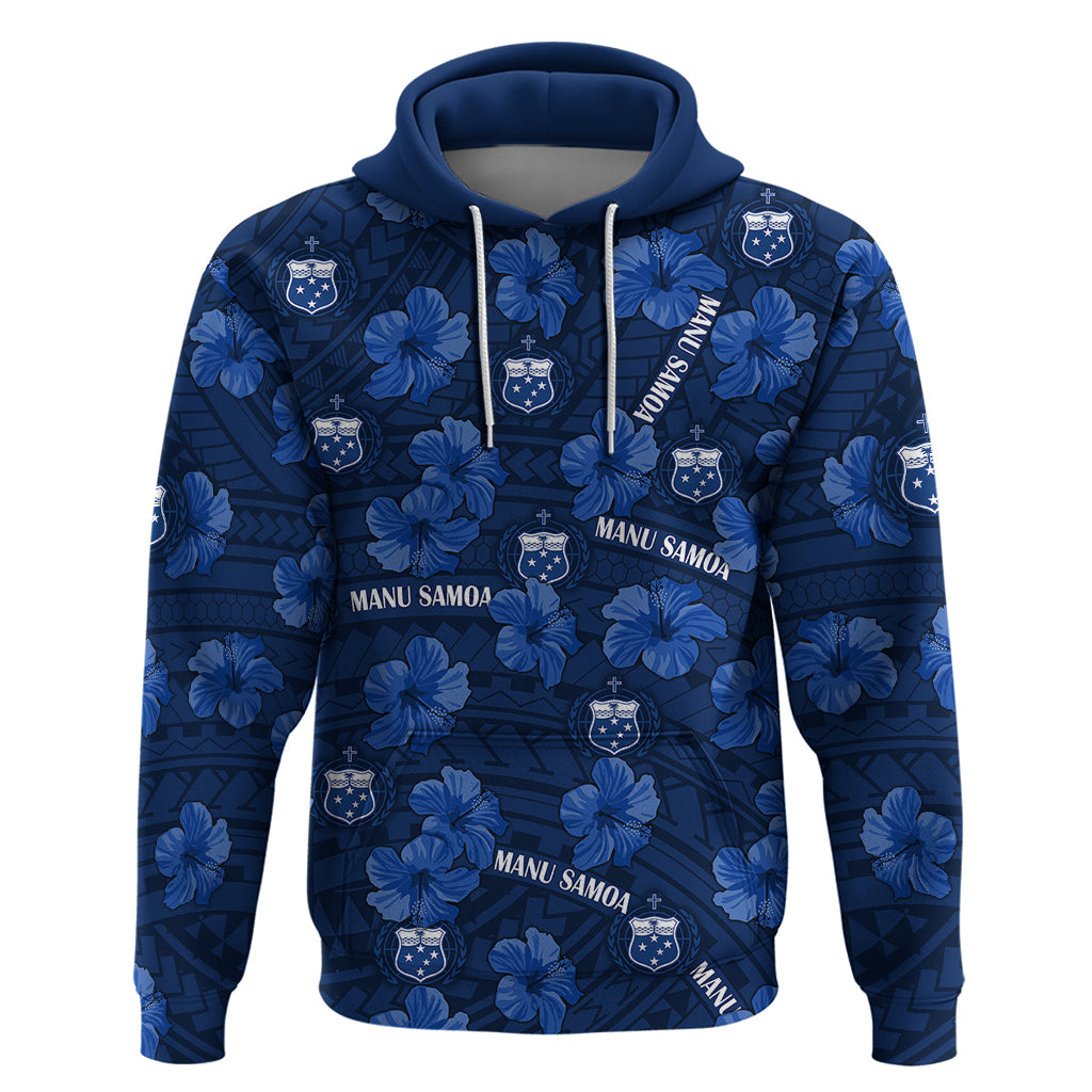 (Custom Text and Number) Manu Samoa Rugby Hoodie Polynesian Style With Hibiscus LT9 Pullover Hoodie Blue - Polynesian Pride