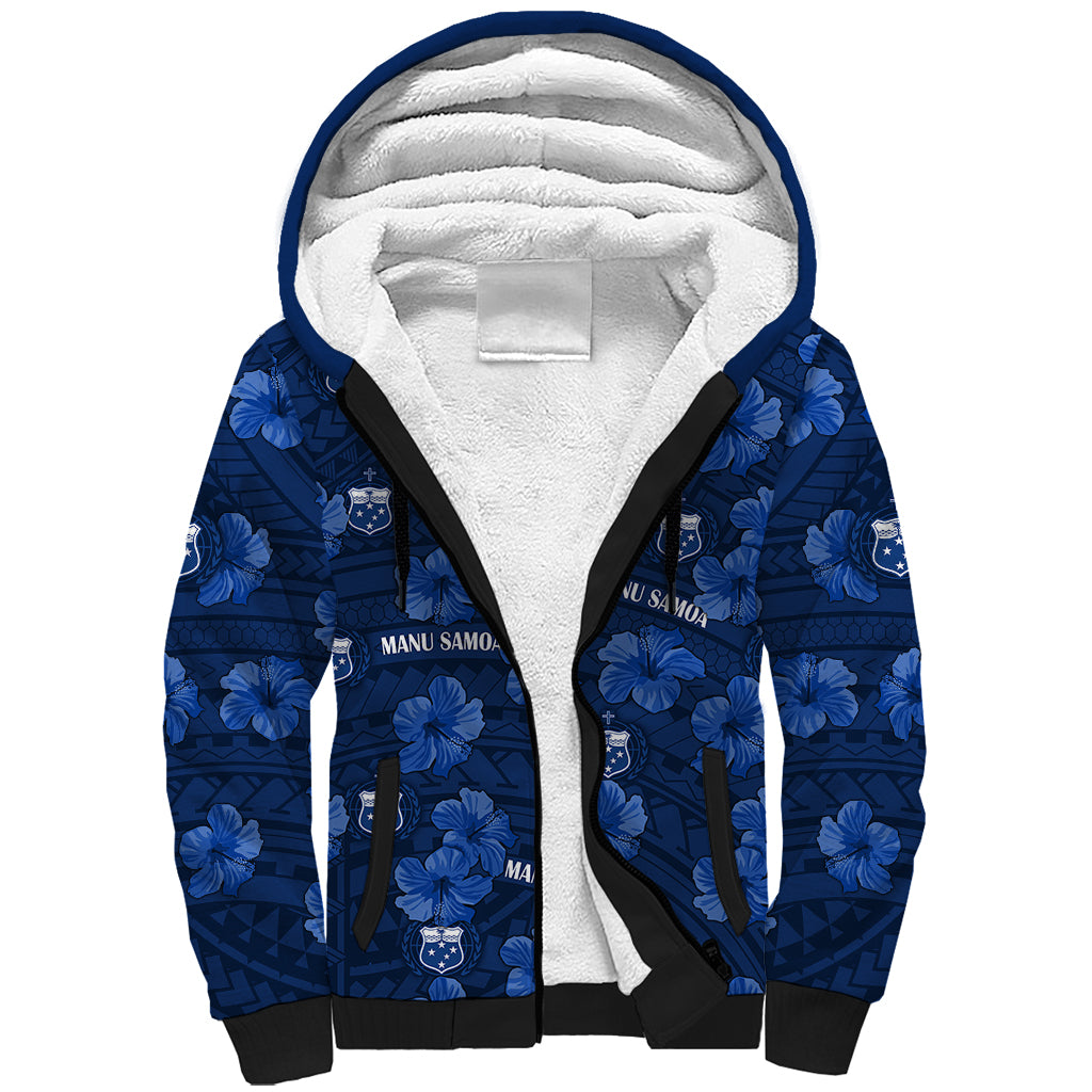 (Custom Text And Number) Manu Samoa Rugby Sherpa Hoodie Polynesian Style With Hibiscus LT9 Unisex Blue - Polynesian Pride