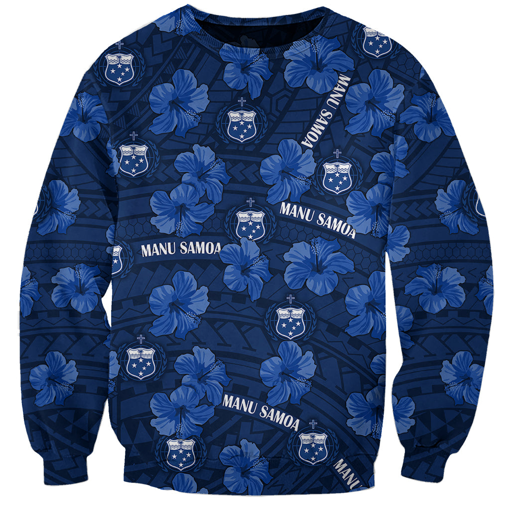 (Custom Text And Number) Manu Samoa Rugby Sweatshirt Polynesian Style With Hibiscus LT9 Unisex Blue - Polynesian Pride