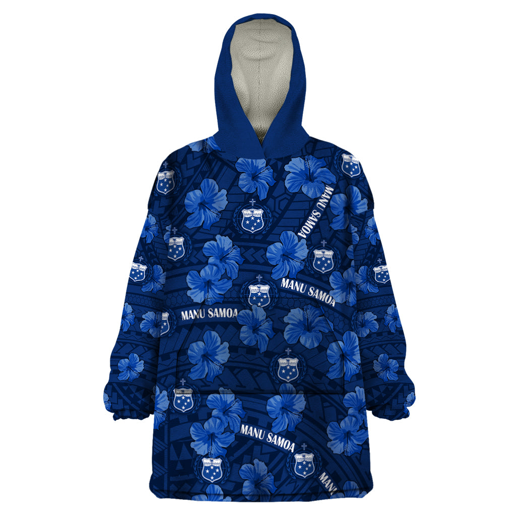 (Custom Text And Number) Manu Samoa Rugby Wearable Blanket Hoodie Polynesian Style With Hibiscus LT9 One Size Blue - Polynesian Pride