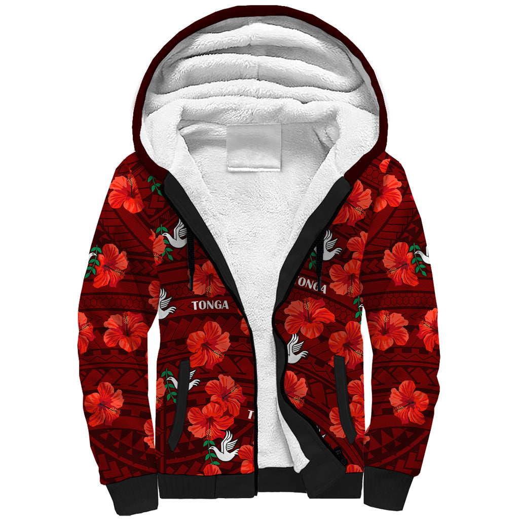 Tonga Rugby Sherpa Hoodie Polynesian Style With Hibiscus LT9 Unisex Red - Polynesian Pride