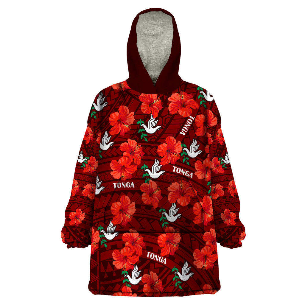 Tonga Rugby Wearable Blanket Hoodie Polynesian Style With Hibiscus LT9 One Size Red - Polynesian Pride