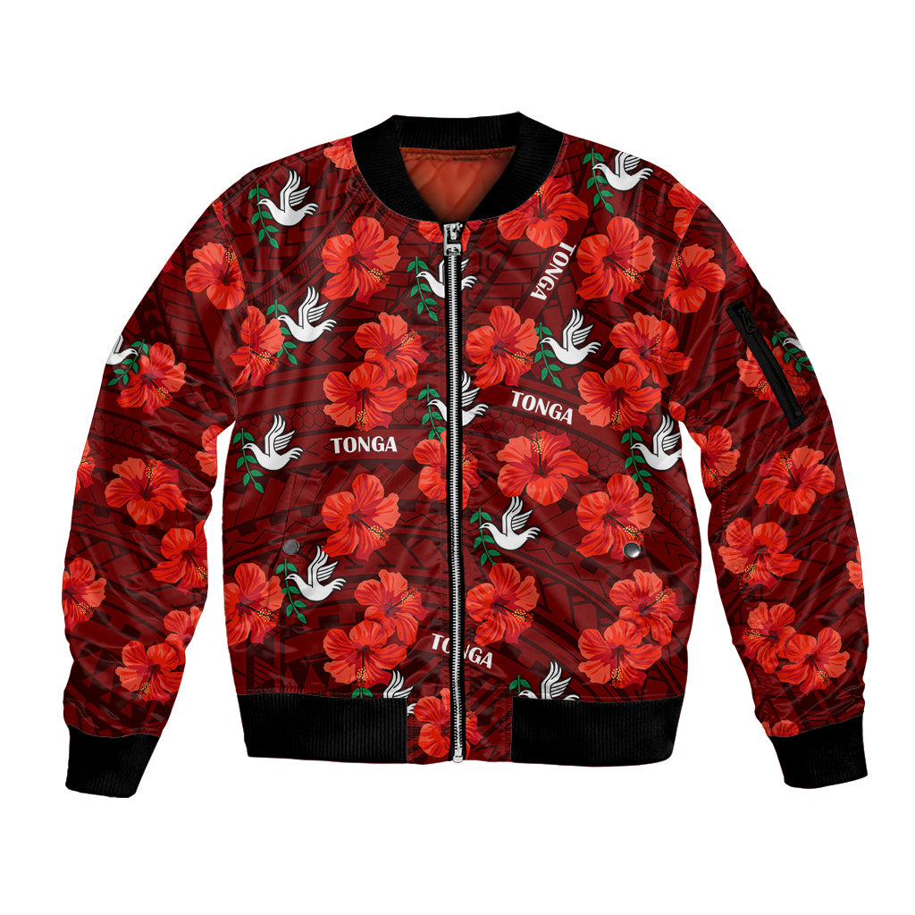 (Custom Text And Number) Tonga Rugby Sleeve Zip Bomber Jacket Polynesian Style With Hibiscus LT9 Unisex Red - Polynesian Pride