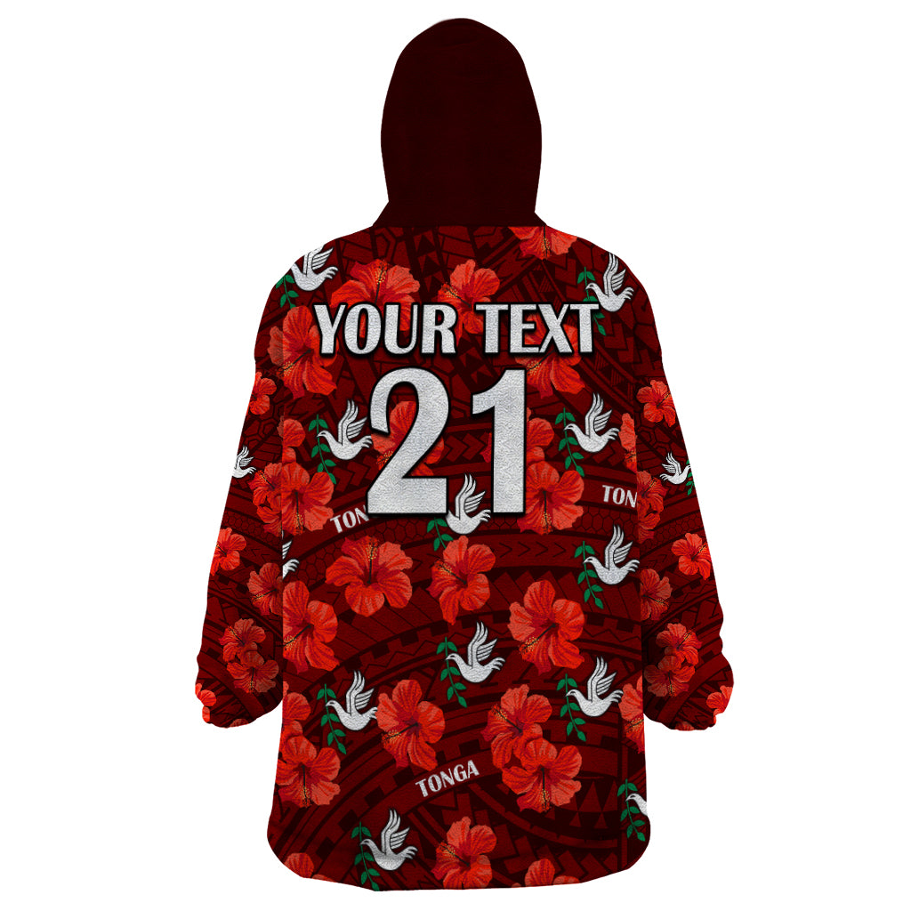 (Custom Text And Number) Tonga Rugby Wearable Blanket Hoodie Polynesian Style With Hibiscus LT9 - Polynesian Pride