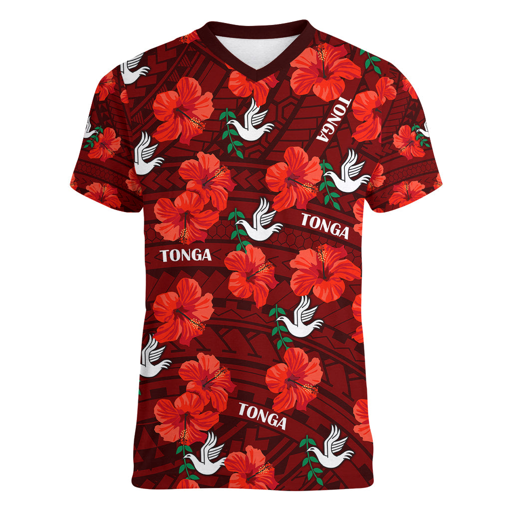 (Custom Text And Number) Tonga Rugby Women V Neck T Shirt Polynesian Style With Hibiscus LT9 Female Red - Polynesian Pride
