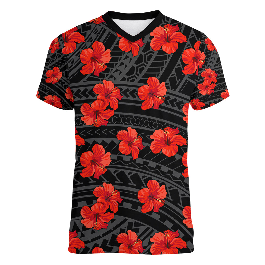 Polynesian Pride Hawaii Style With Hibiscus Women V Neck T Shirt Black LT9 Female Black - Polynesian Pride