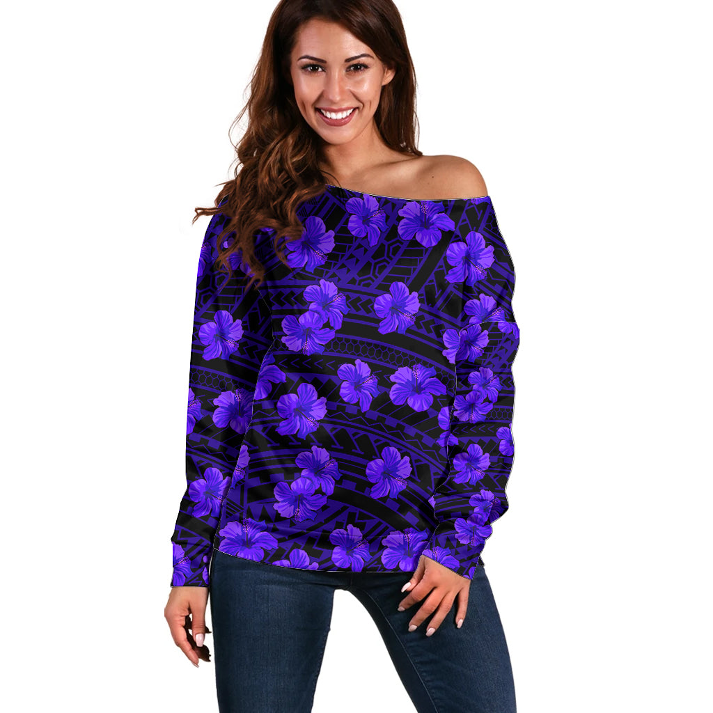 Polynesian Pride Hawaii Style With Hibiscus Off Shoulder Sweater Blue LT9 Women Blue - Polynesian Pride