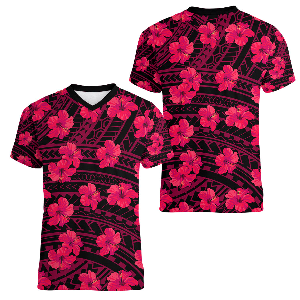 Polynesian Pride Hawaii Style With Hibiscus Women V Neck T Shirt Pink LT9 - Polynesian Pride