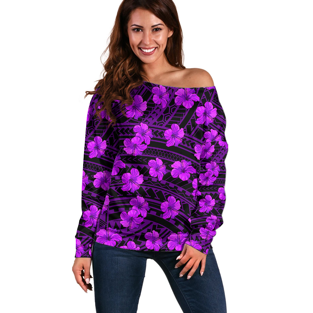 Polynesian Pride Hawaii Style With Hibiscus Off Shoulder Sweater Purple LT9 Women Purple - Polynesian Pride