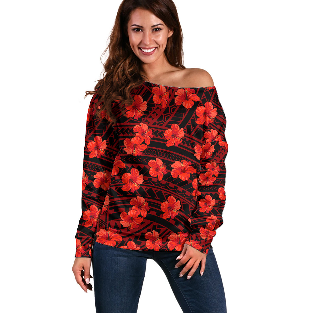 Polynesian Pride Hawaii Style With Hibiscus Off Shoulder Sweater Red LT9 Women Red - Polynesian Pride