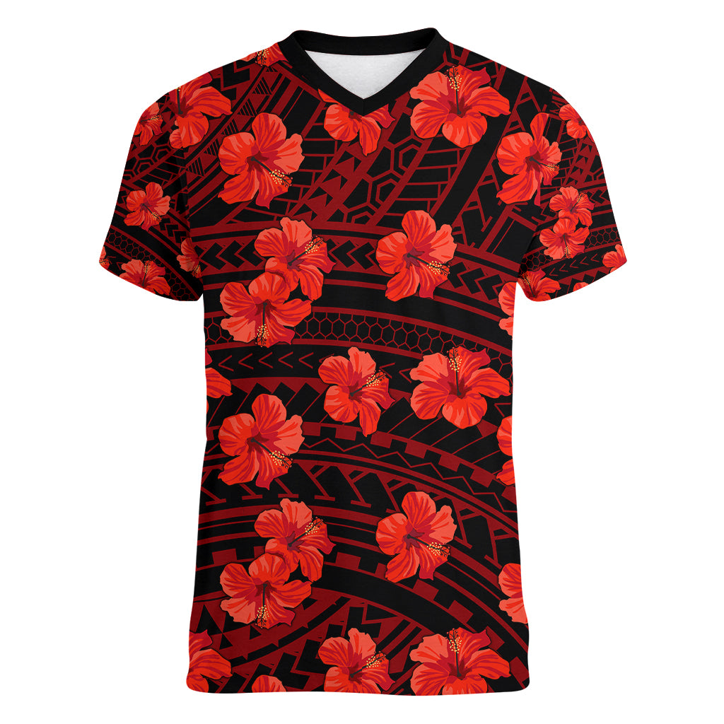 Polynesian Pride Hawaii Style With Hibiscus Women V Neck T Shirt Red LT9 Female Red - Polynesian Pride