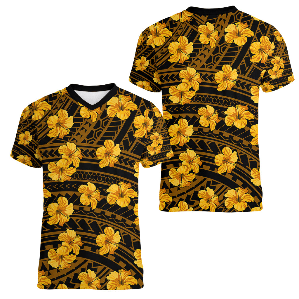 Polynesian Pride Hawaii Style With Hibiscus Women V Neck T Shirt Yellow LT9 - Polynesian Pride