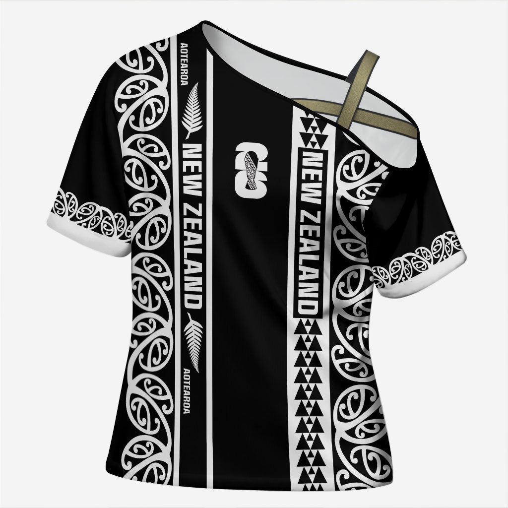 Custom New Zealand Football White Fern Supporter Cross Shoulder Shirt LT9 Female Black - Polynesian Pride