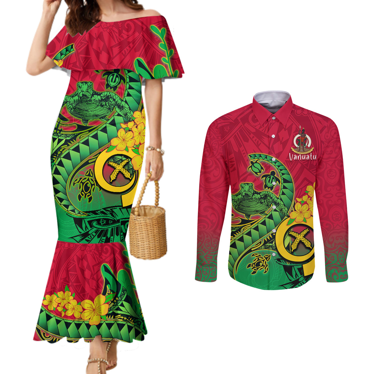 Vanuatu Islands Couples Matching Mermaid Dress and Long Sleeve Button Shirts Polynesian Tattoo and Sea Turtle LT9 Green - Polynesian Pride