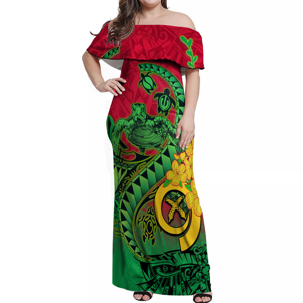 Vanuatu Islands Off Shoulder Maxi Dress Polynesian Tattoo and Sea Turtle LT9 Women Green - Polynesian Pride