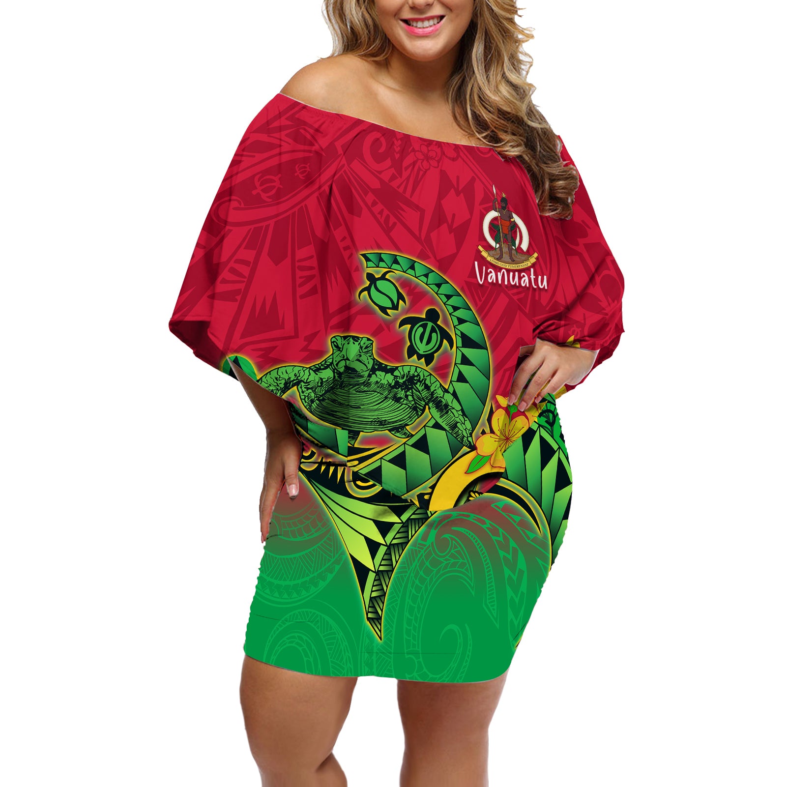 Vanuatu Islands Off Shoulder Short Dress Polynesian Tattoo and Sea Turtle LT9 Women Green - Polynesian Pride