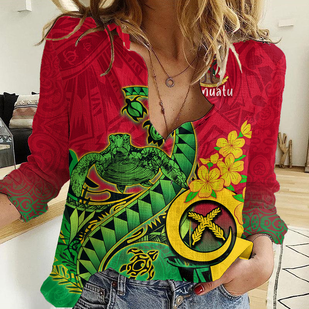 Vanuatu Islands Women Casual Shirt Polynesian Tattoo and Sea Turtle LT9 Female Green - Polynesian Pride