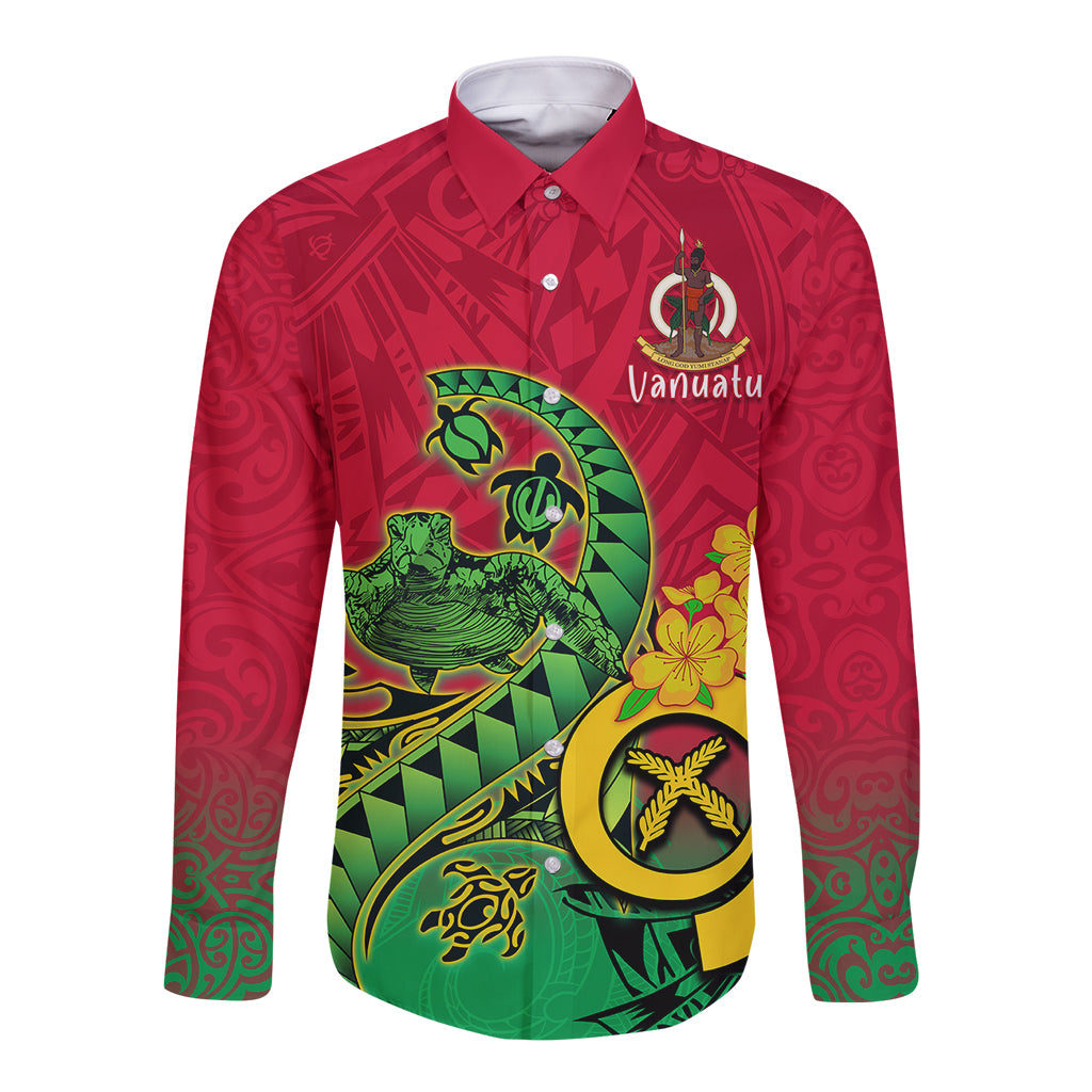 Personalised Vanuatu Islands Long Sleeve Button Shirt Polynesian Tattoo and Sea Turtle LT9 Unisex Green - Polynesian Pride