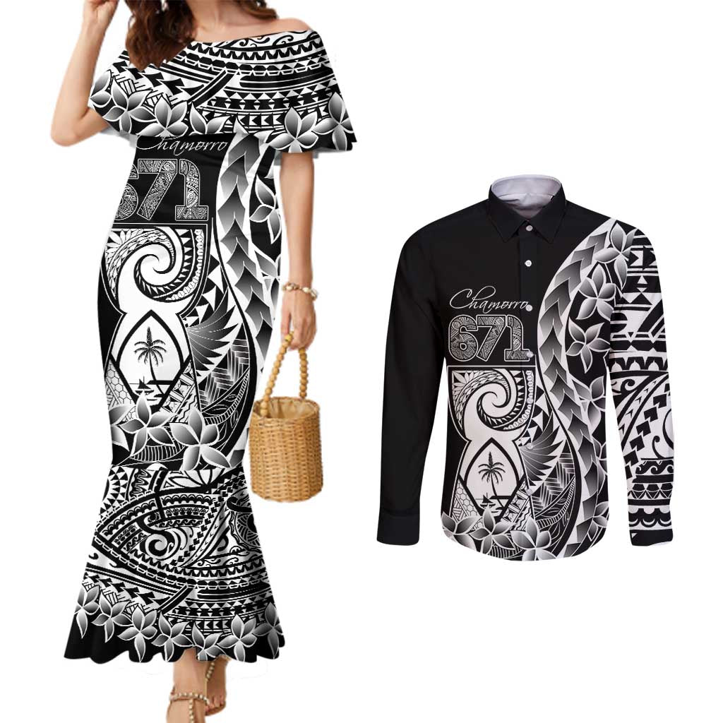 671 Guam Personalised Couples Matching Mermaid Dress and Long Sleeve Button Shirt Latte Stone Tribal