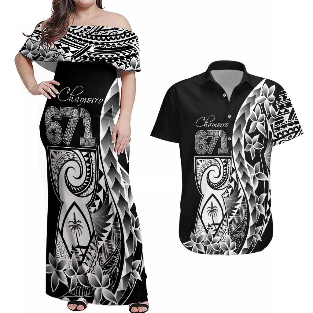 671 Guam Personalised Couples Matching Off Shoulder Maxi Dress and Hawaiian Shirt Latte Stone Tribal