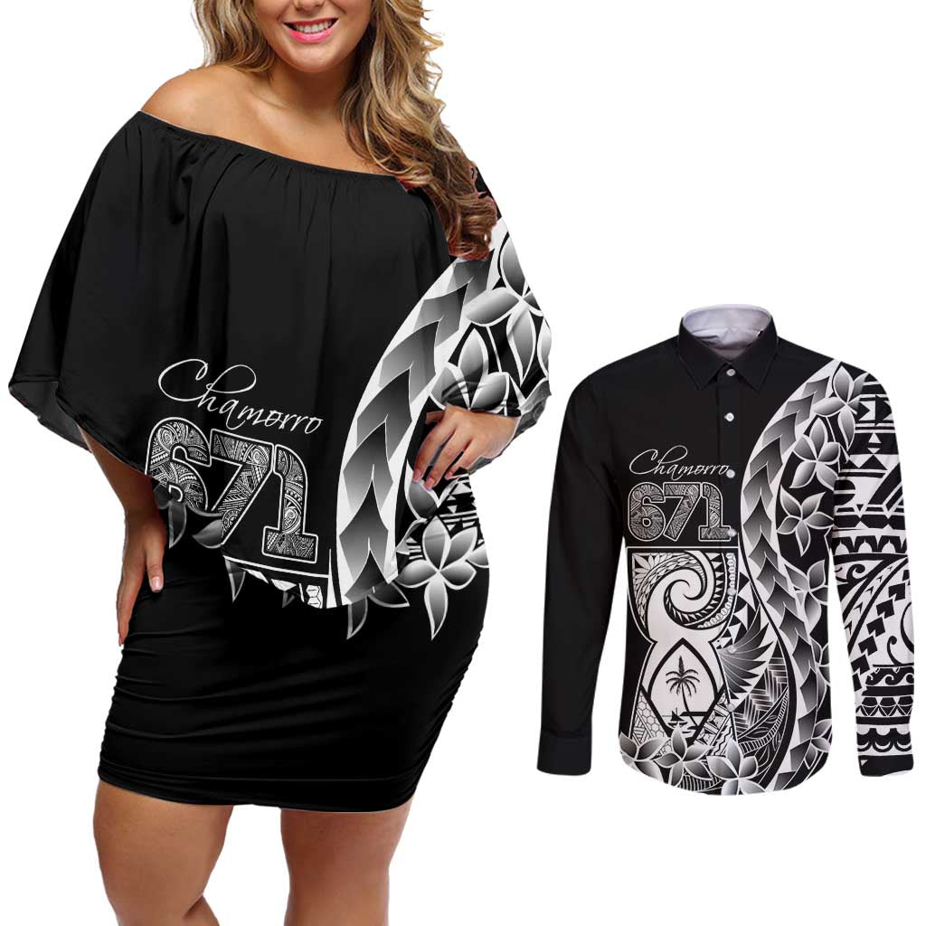 671 Guam Personalised Couples Matching Off Shoulder Short Dress and Long Sleeve Button Shirt Latte Stone Tribal