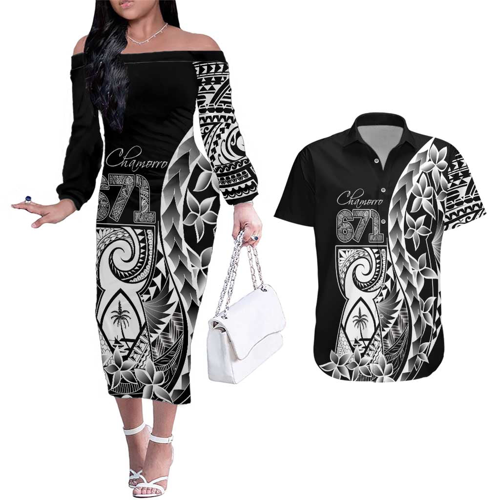 671 Guam Personalised Couples Matching Off The Shoulder Long Sleeve Dress and Hawaiian Shirt Latte Stone Tribal