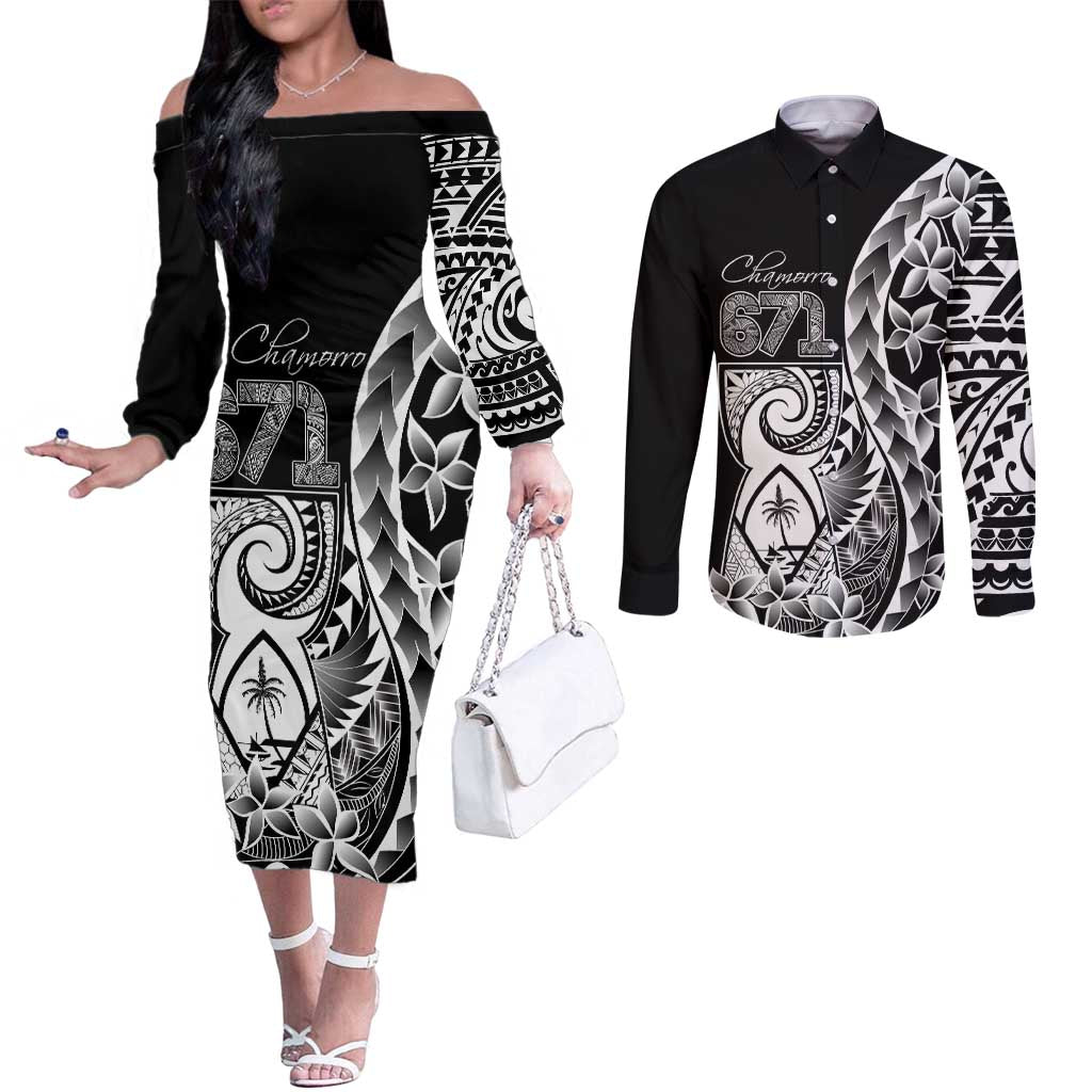 671 Guam Personalised Couples Matching Off The Shoulder Long Sleeve Dress and Long Sleeve Button Shirt Latte Stone Tribal