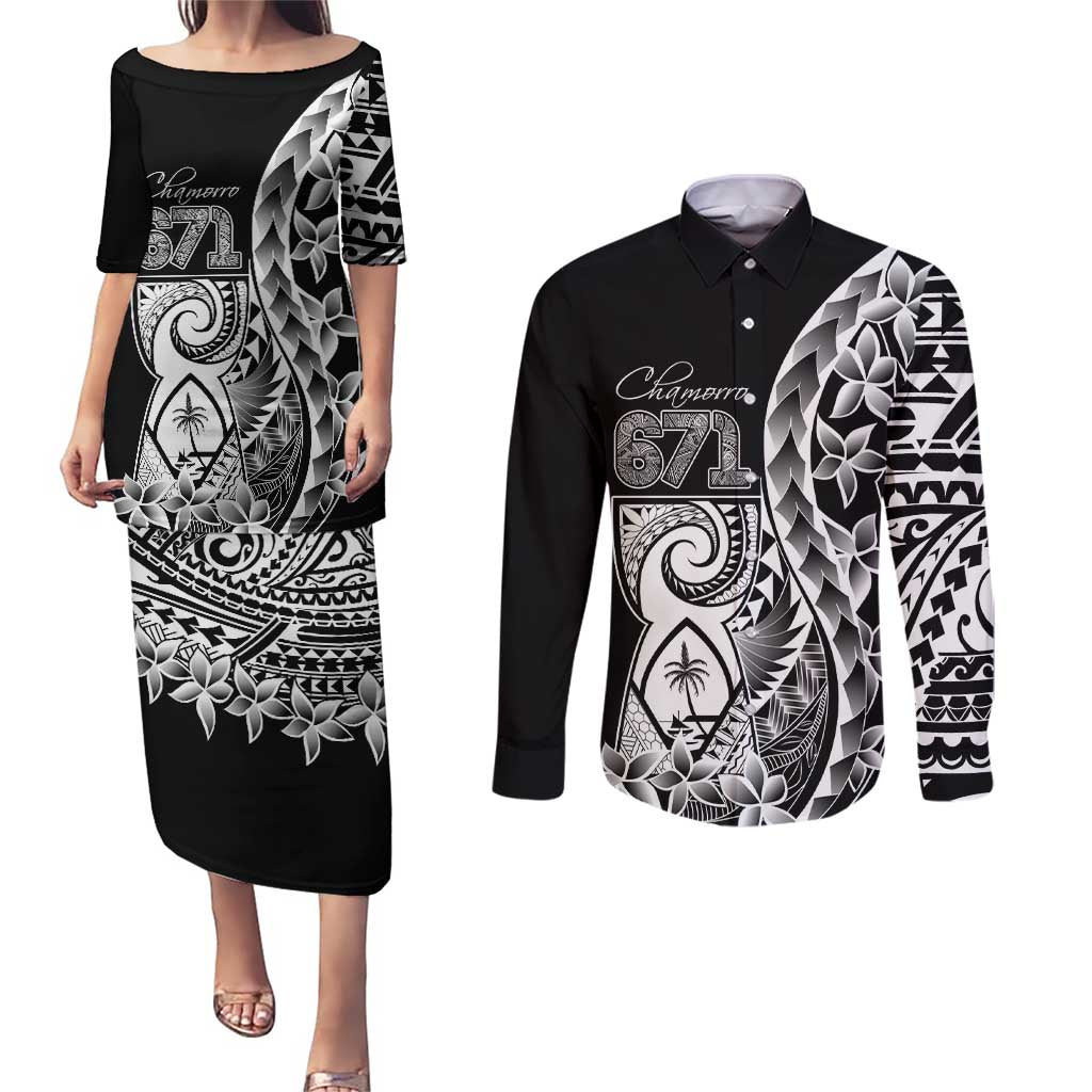 671 Guam Personalised Couples Matching Puletasi and Long Sleeve Button Shirt Latte Stone Tribal