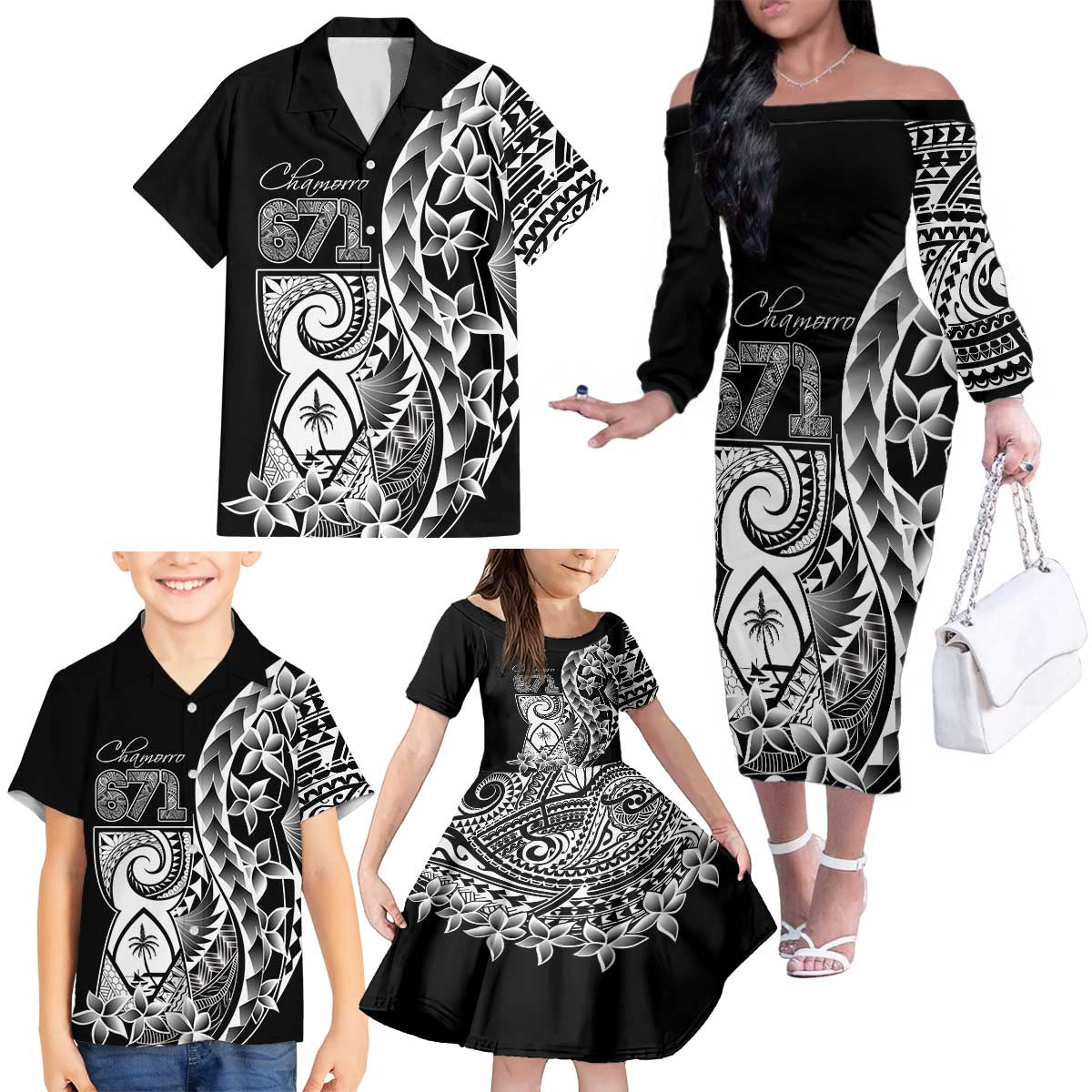 671 Guam Personalised Family Matching Off The Shoulder Long Sleeve Dress and Hawaiian Shirt Latte Stone Tribal