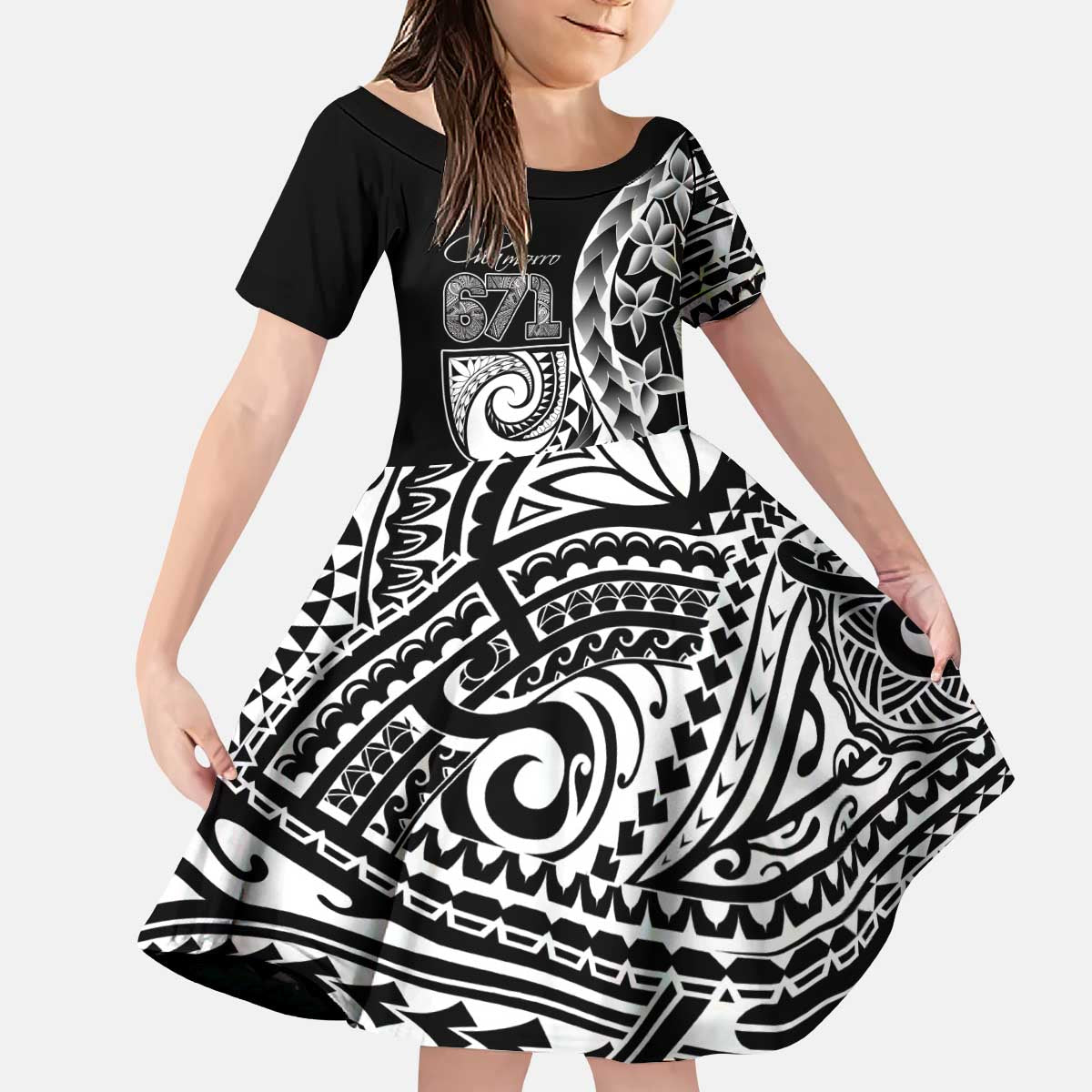 671 Guam Personalised Kid Short Sleeve Dress Latte Stone Tribal