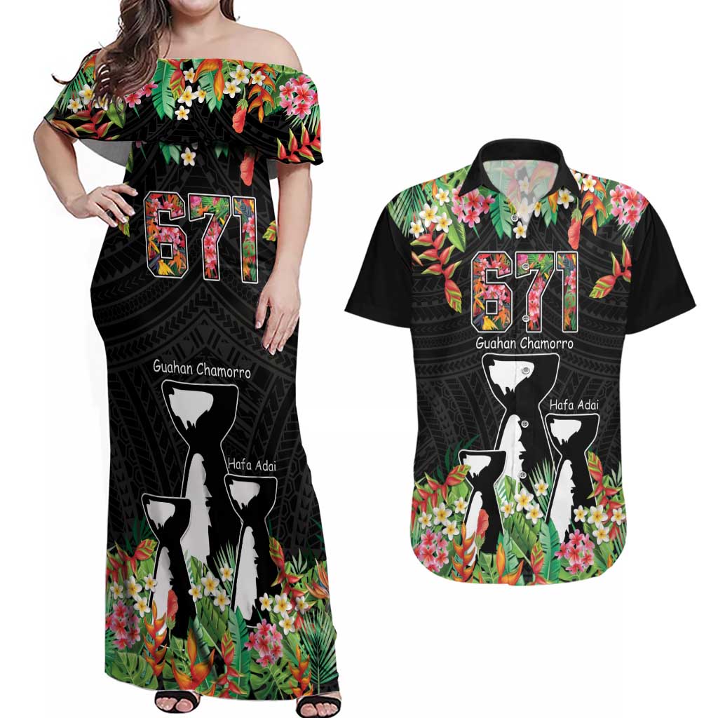 671 Guam Personalised Couples Matching Off Shoulder Maxi Dress and Hawaiian Shirt Latte Stone and Tropical Flowers