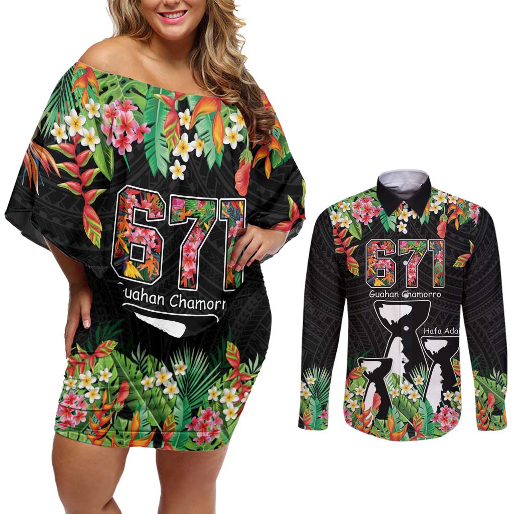 671 Guam Personalised Couples Matching Off Shoulder Short Dress and Long Sleeve Button Shirt Latte Stone and Tropical Flowers