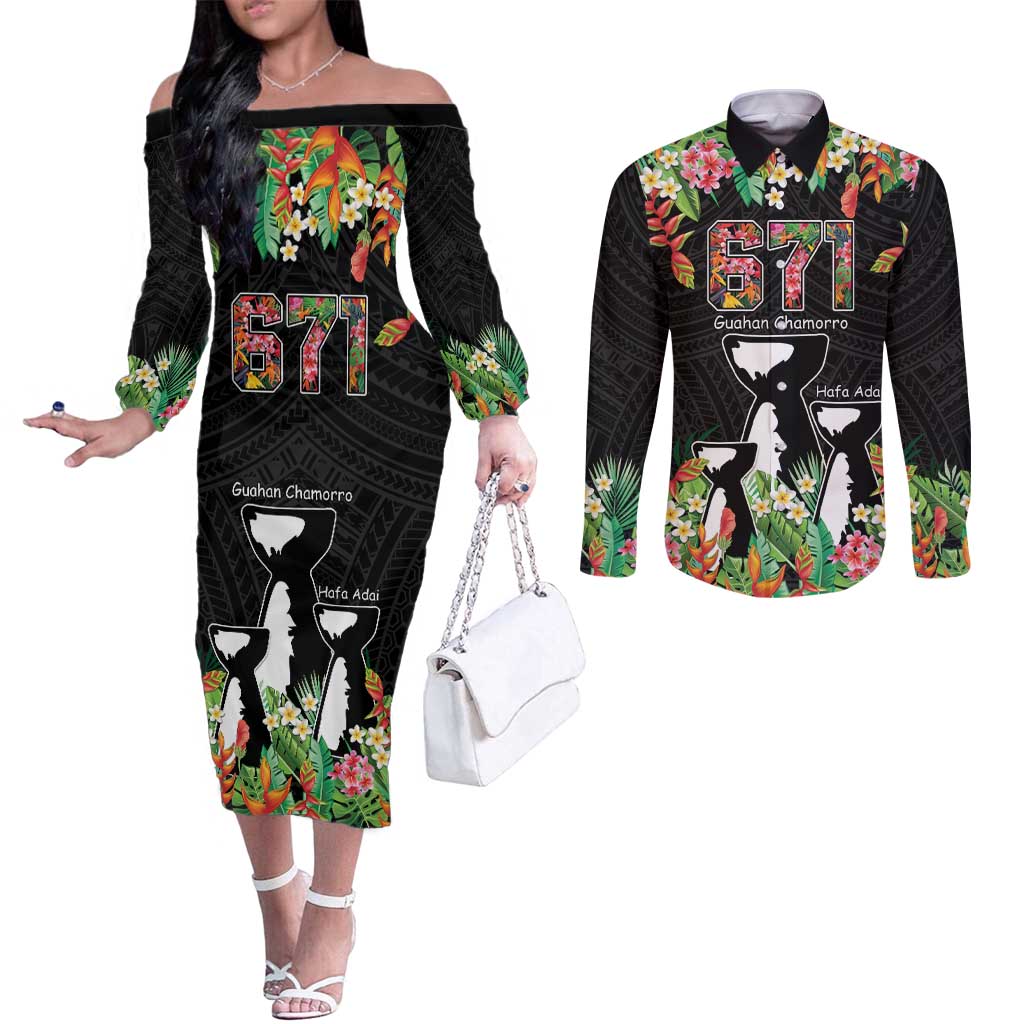 671 Guam Personalised Couples Matching Off The Shoulder Long Sleeve Dress and Long Sleeve Button Shirt Latte Stone and Tropical Flowers