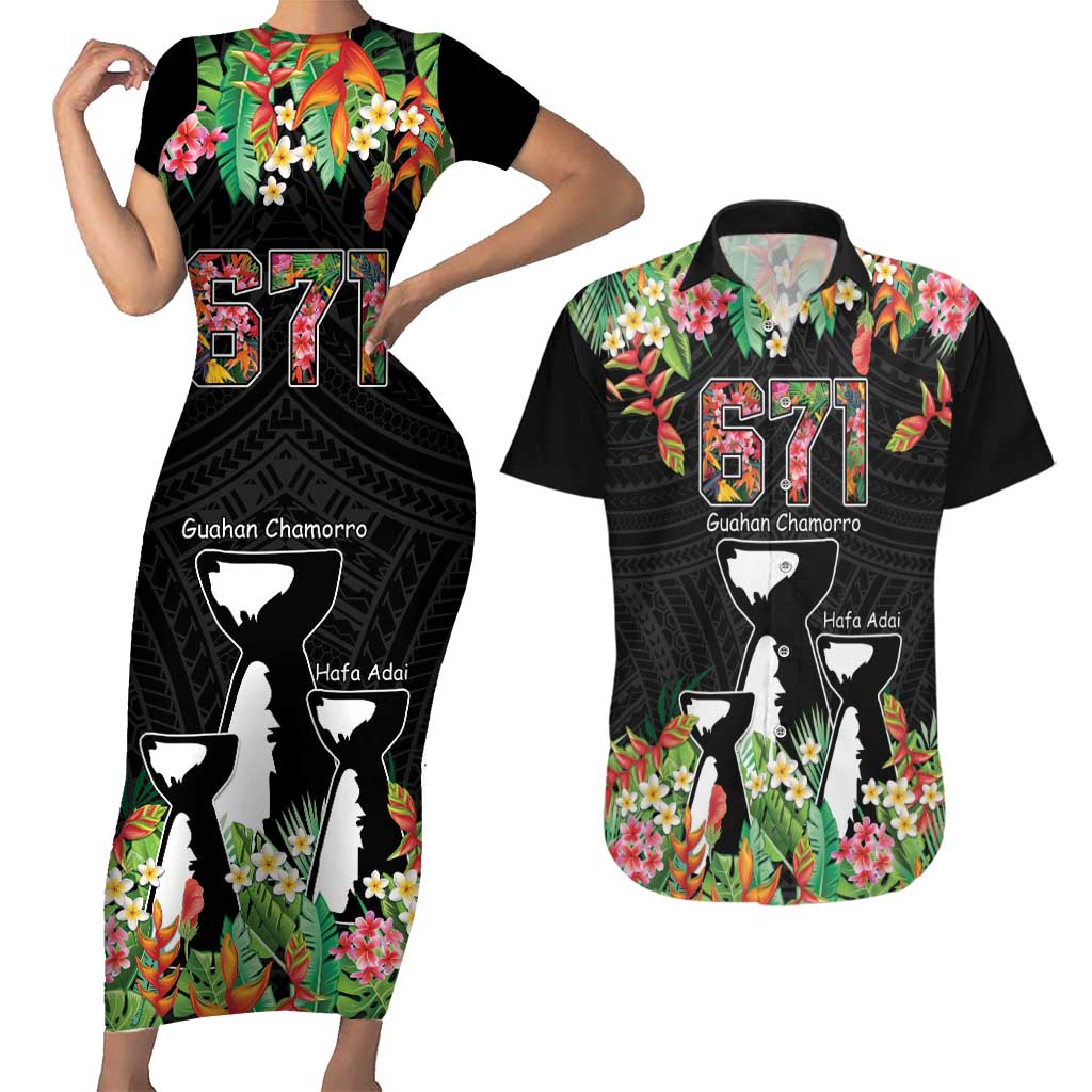 671 Guam Personalised Couples Matching Short Sleeve Bodycon Dress and Hawaiian Shirt Latte Stone and Tropical Flowers