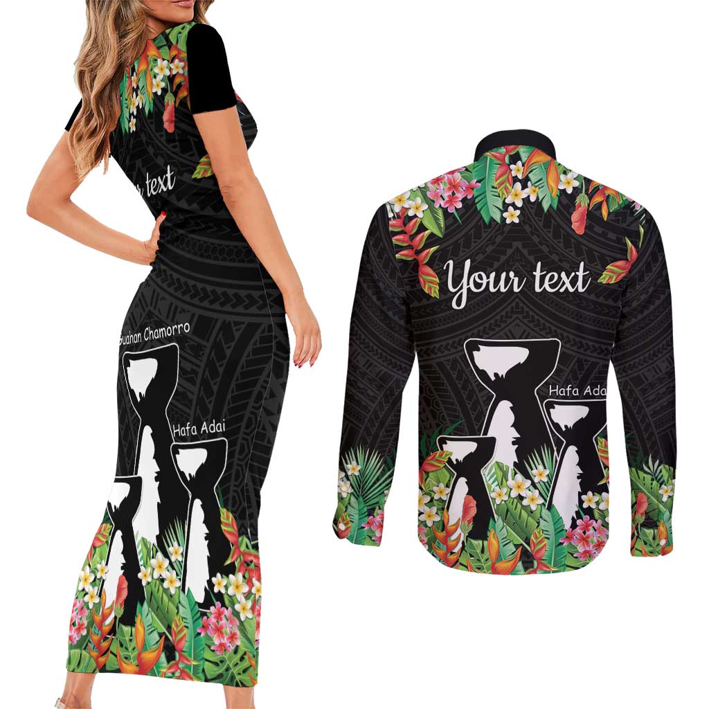 671 Guam Personalised Couples Matching Short Sleeve Bodycon Dress and Long Sleeve Button Shirt Latte Stone and Tropical Flowers