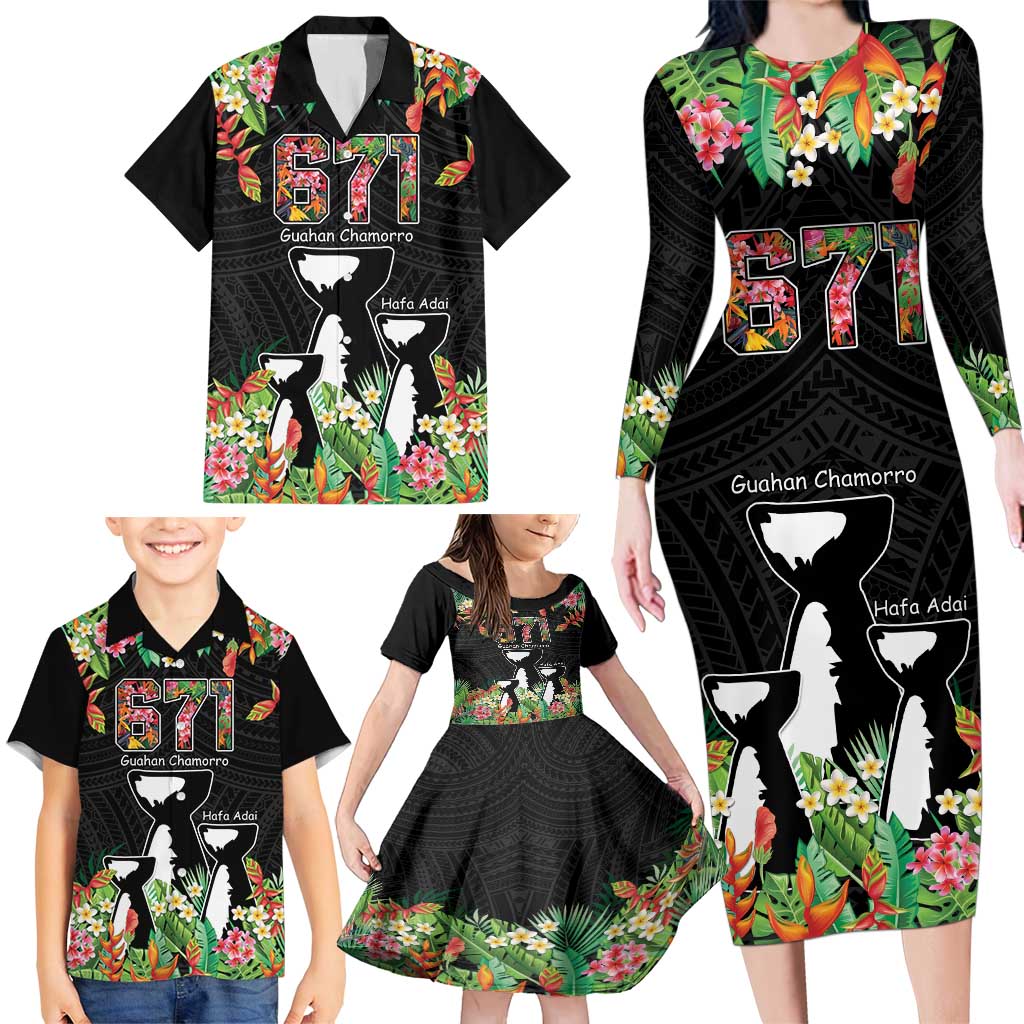 671 Guam Personalised Family Matching Long Sleeve Bodycon Dress and Hawaiian Shirt Latte Stone and Tropical Flowers