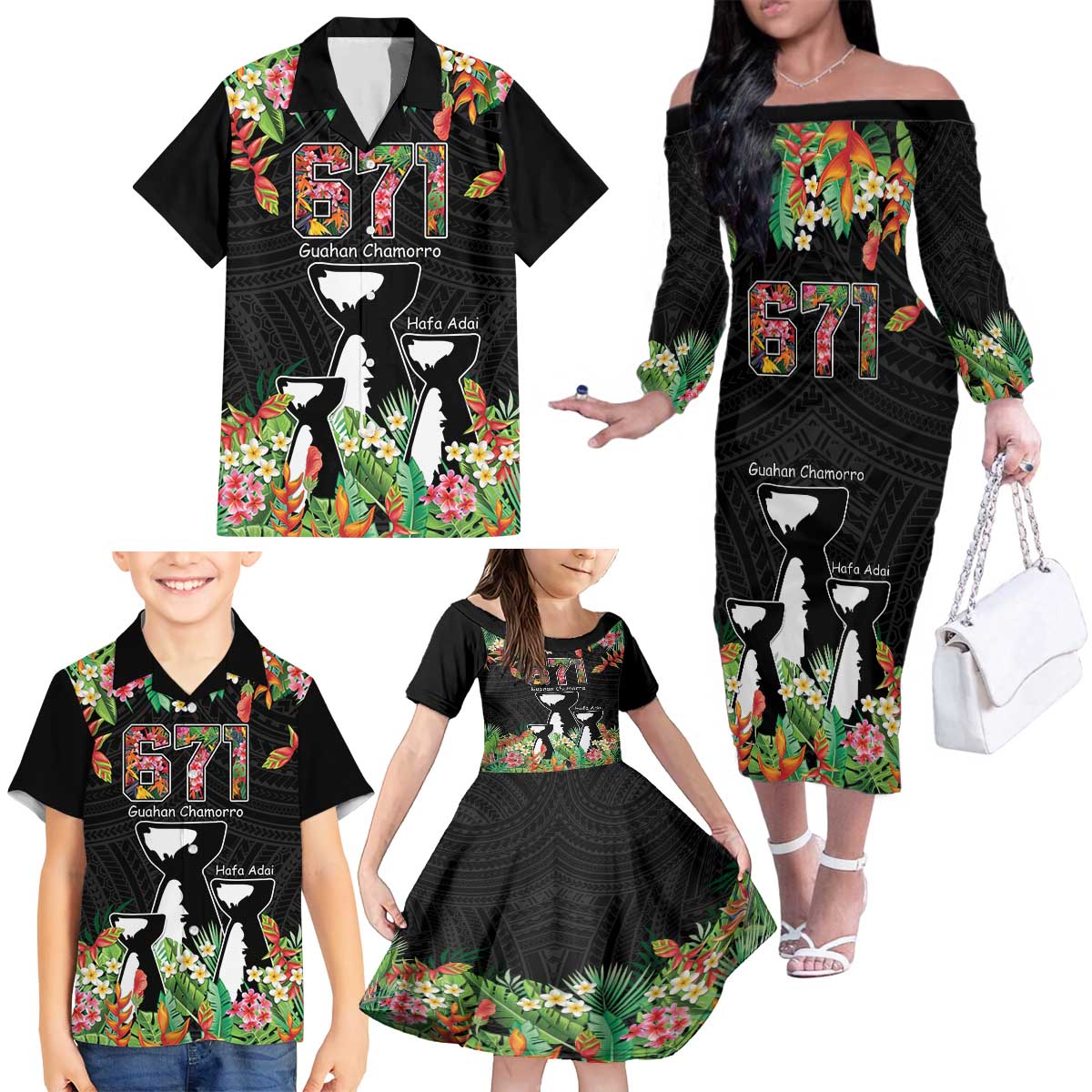 671 Guam Personalised Family Matching Off The Shoulder Long Sleeve Dress and Hawaiian Shirt Latte Stone and Tropical Flowers