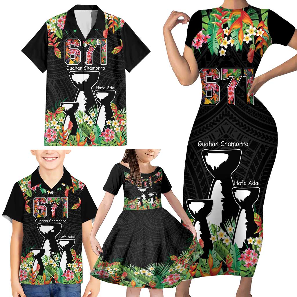 671 Guam Personalised Family Matching Short Sleeve Bodycon Dress and Hawaiian Shirt Latte Stone and Tropical Flowers