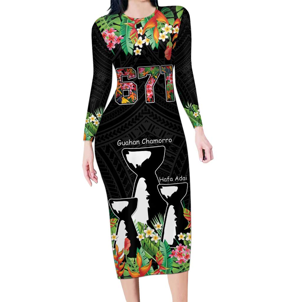 671 Guam Personalised Long Sleeve Bodycon Dress Latte Stone and Tropical Flowers