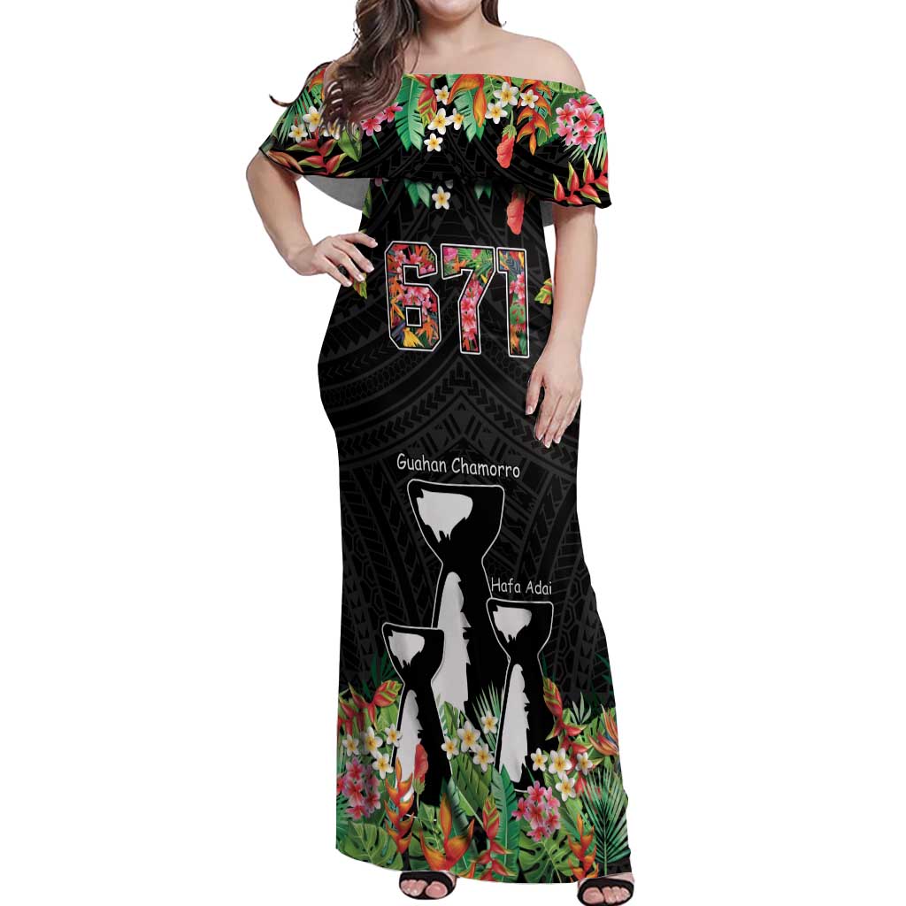 671 Guam Personalised Off Shoulder Maxi Dress Latte Stone and Tropical Flowers