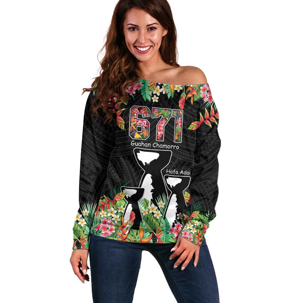 671 Guam Personalised Off Shoulder Sweater Latte Stone and Tropical Flowers
