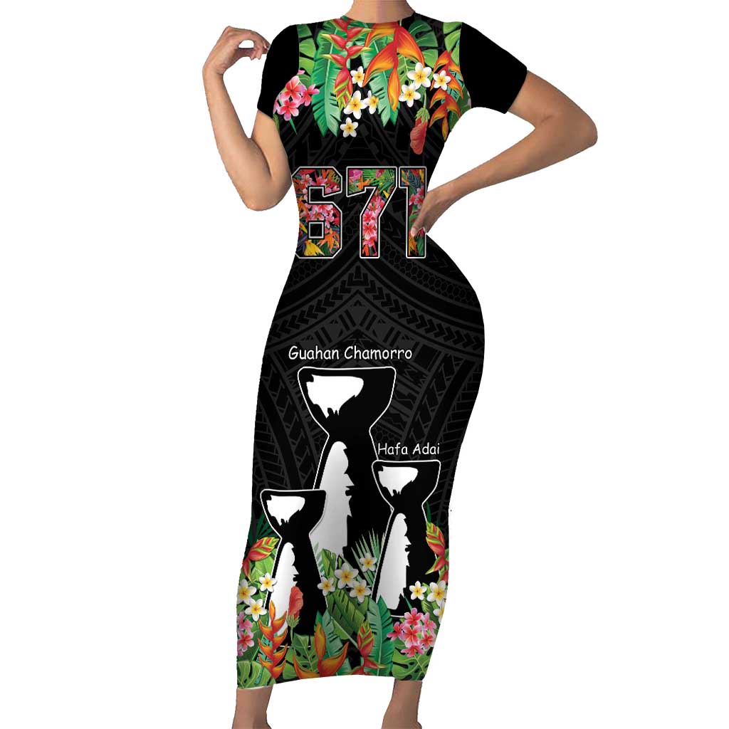 671 Guam Personalised Short Sleeve Bodycon Dress Latte Stone and Tropical Flowers