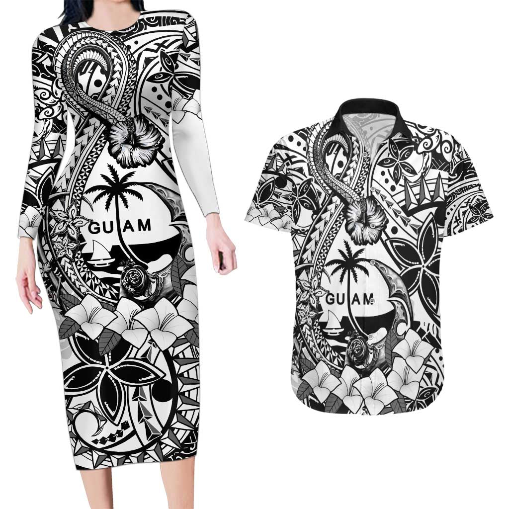 Guam Hafa Adai Guasali Flowers Couples Matching Long Sleeve Bodycon Dress and Hawaiian Shirt